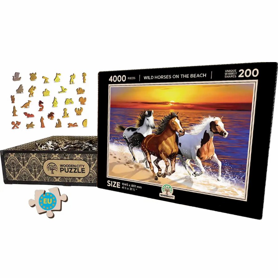 Wooden Jigsaw Puzzles Wooden City | Wild Horses On The Beach 4000 Wooden Puzzle