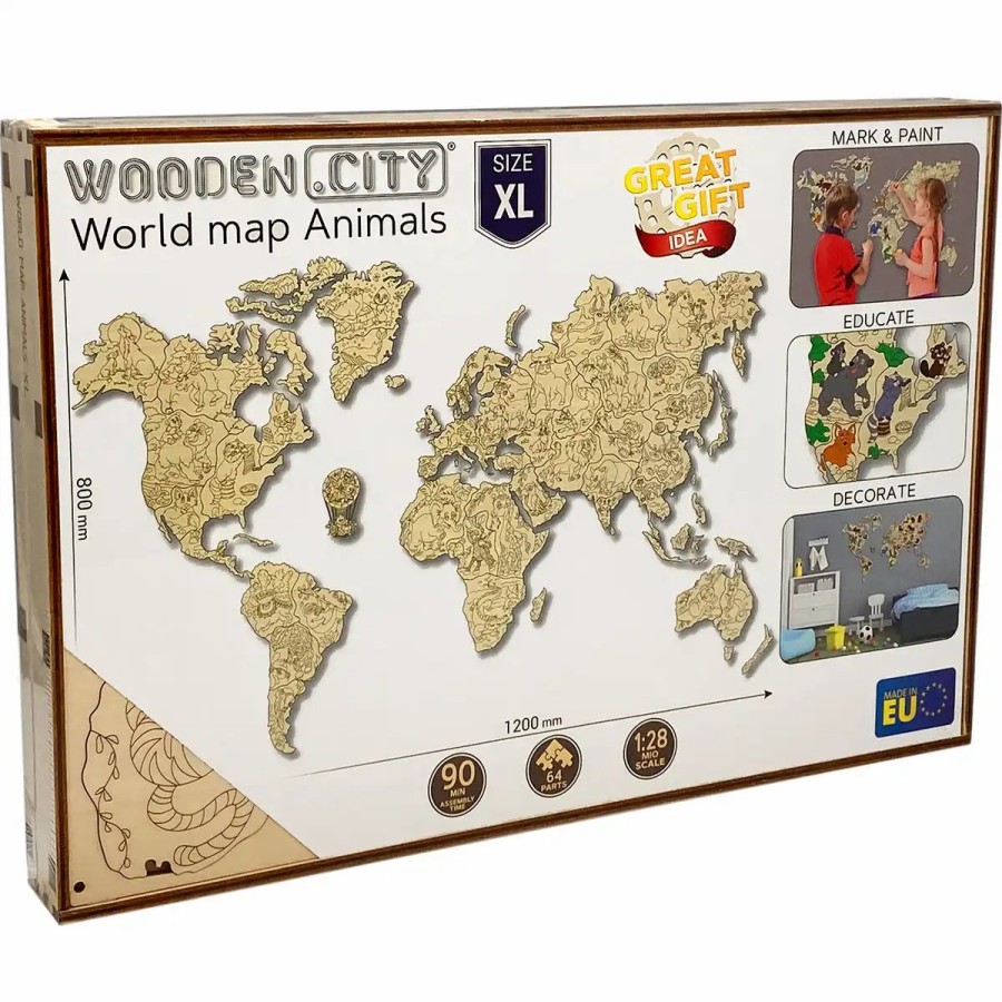 Wooden World Map Puzzle Wooden City | World Map Animals Xl Wooden Puzzle 3D